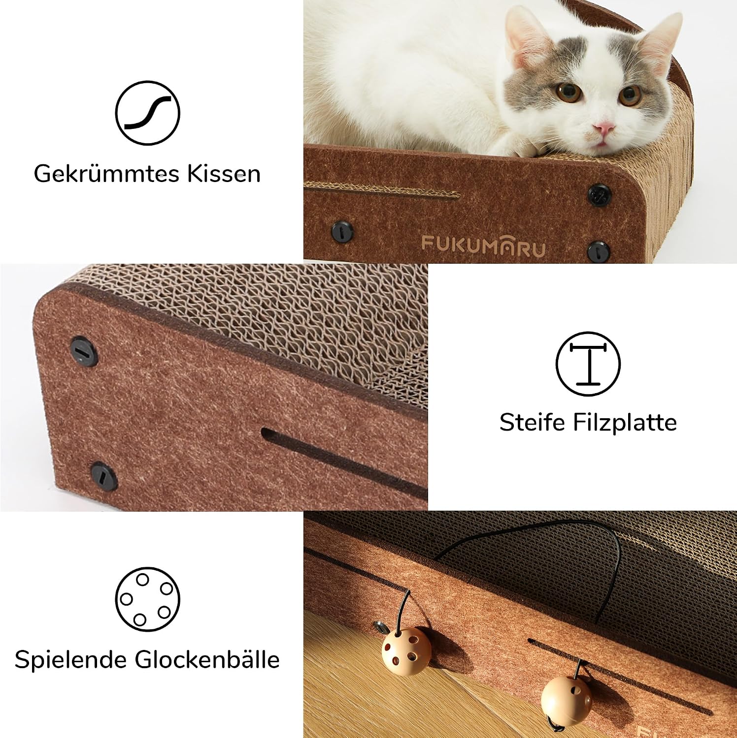 Detalle de FUKUMARU 53,3 cm Karton-Katzenkratzer mit Glockenball-Spielzeug – Kratzbett für Indoor