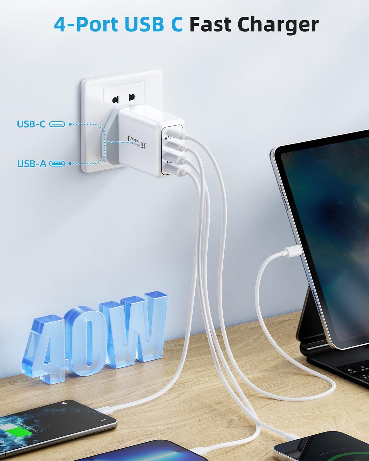 Detalle de 40W 4-Port USB C Fast Charger Plug UK