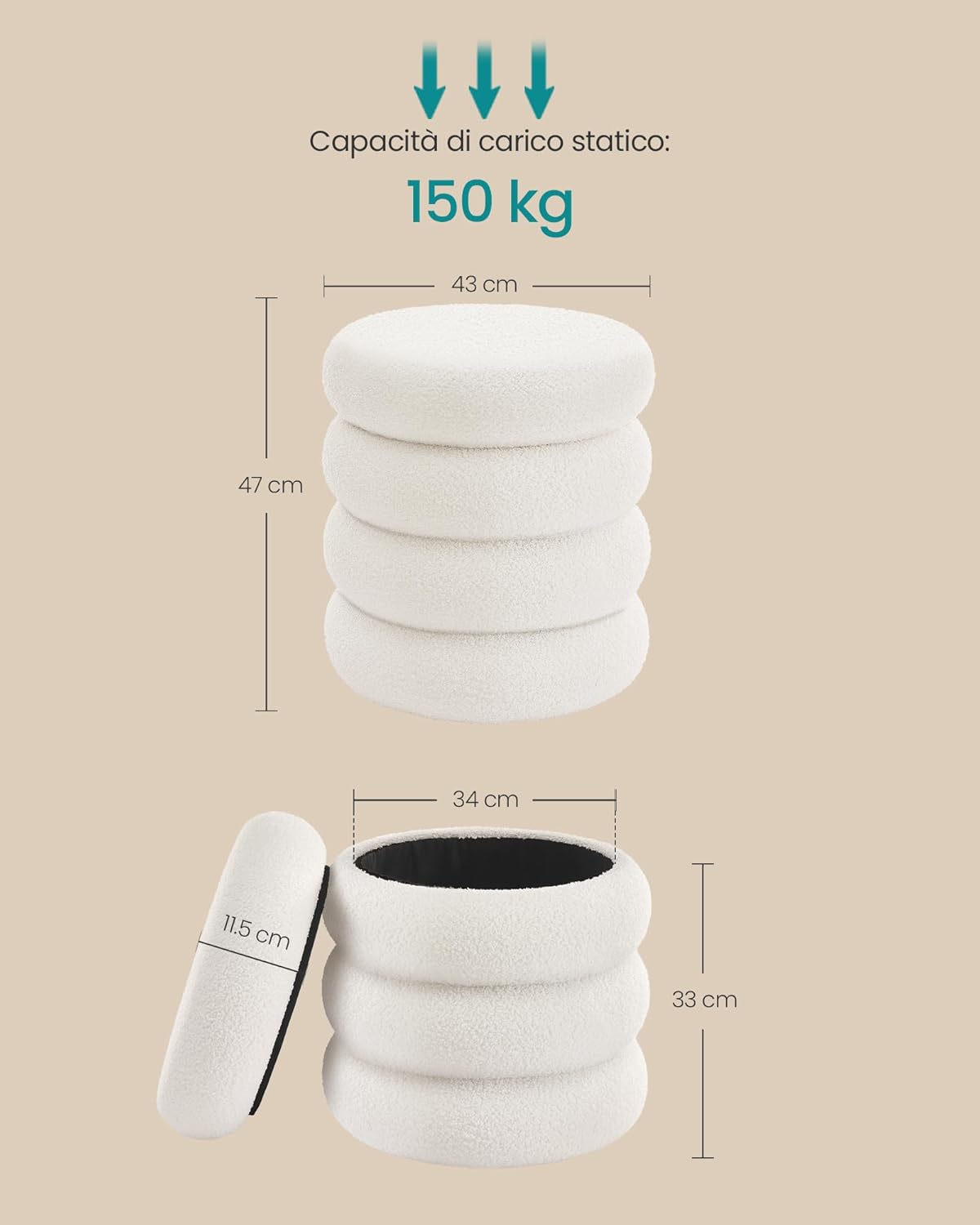 Detalle de SONGMICS Sgabello Trucco LOM015WD01: pouf contenitore rotondo imbottito con coperchio rimovibile