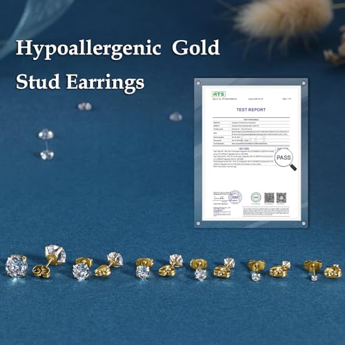 Detalle de Sweetkiki 6 Pairs Gold Stud Earrings Set – Hypoallergenic Stainless Steel with Cubic Zirconia