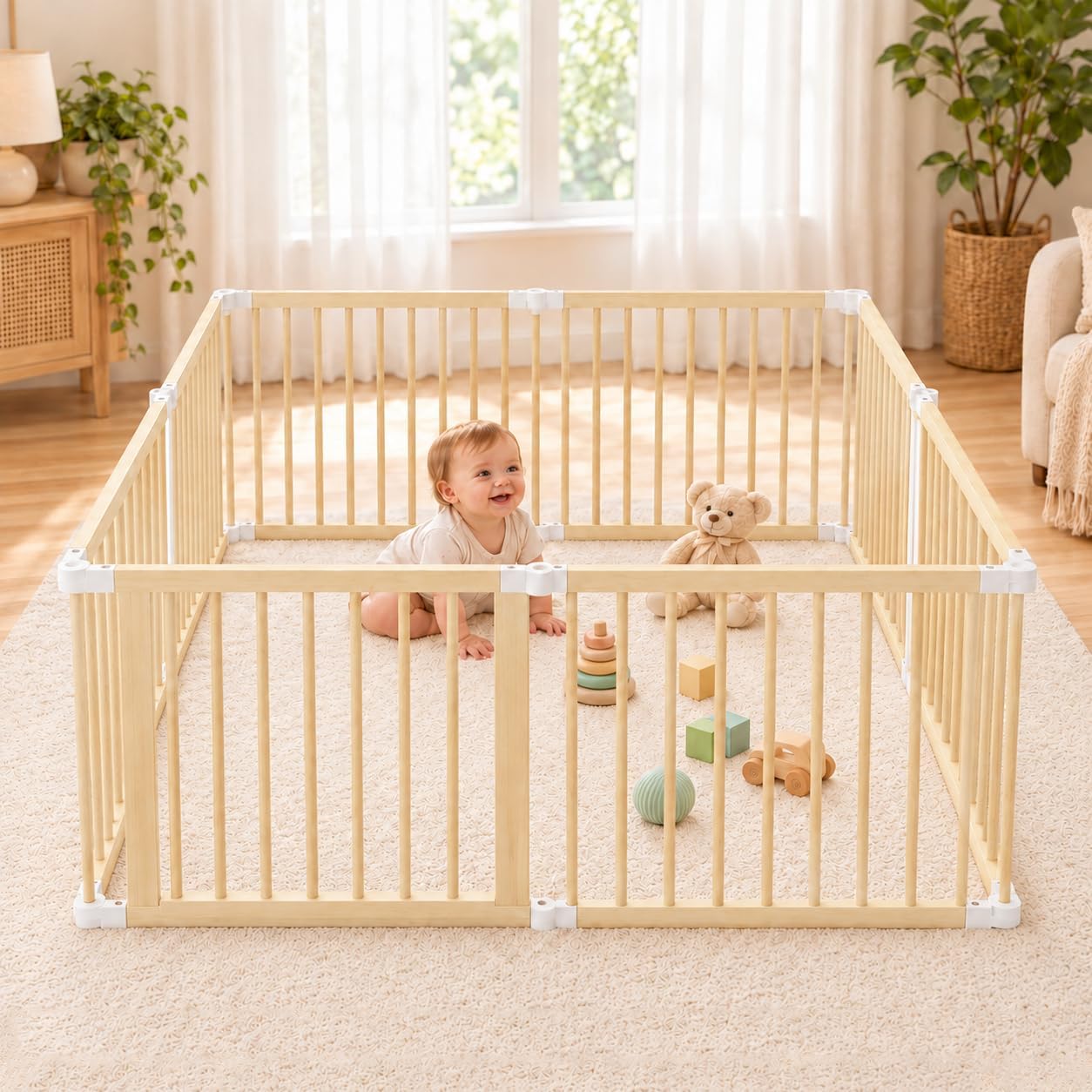 Detalle de JimberBay Foldable Wooden Baby Playpen with Safety Gate, Natural Wood