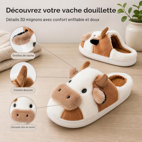 Detalle de Fadezar Chaussons fantaisie requin/vache, doublure peluche et semelle antidérapante