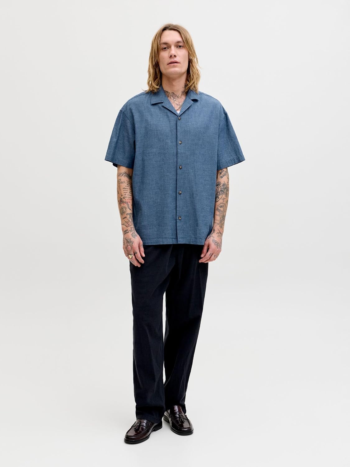Detalle de JACK & JONES Shirt Jjesummer Linen Blend Resort – Camicia estiva da uomo, taglio lungo