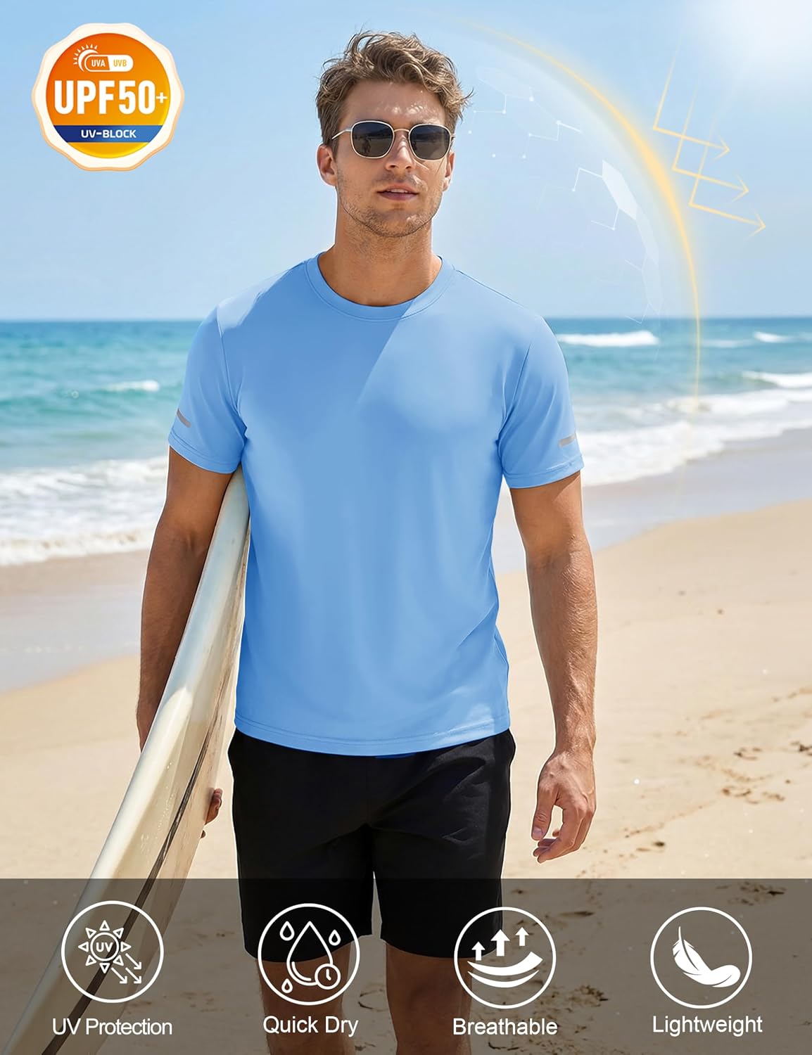 Detalle de MAGCOMSEN Sport T-Shirt Herren UV Kurzarm – UPF50+, atmungsaktiv, reflektierende Streifen