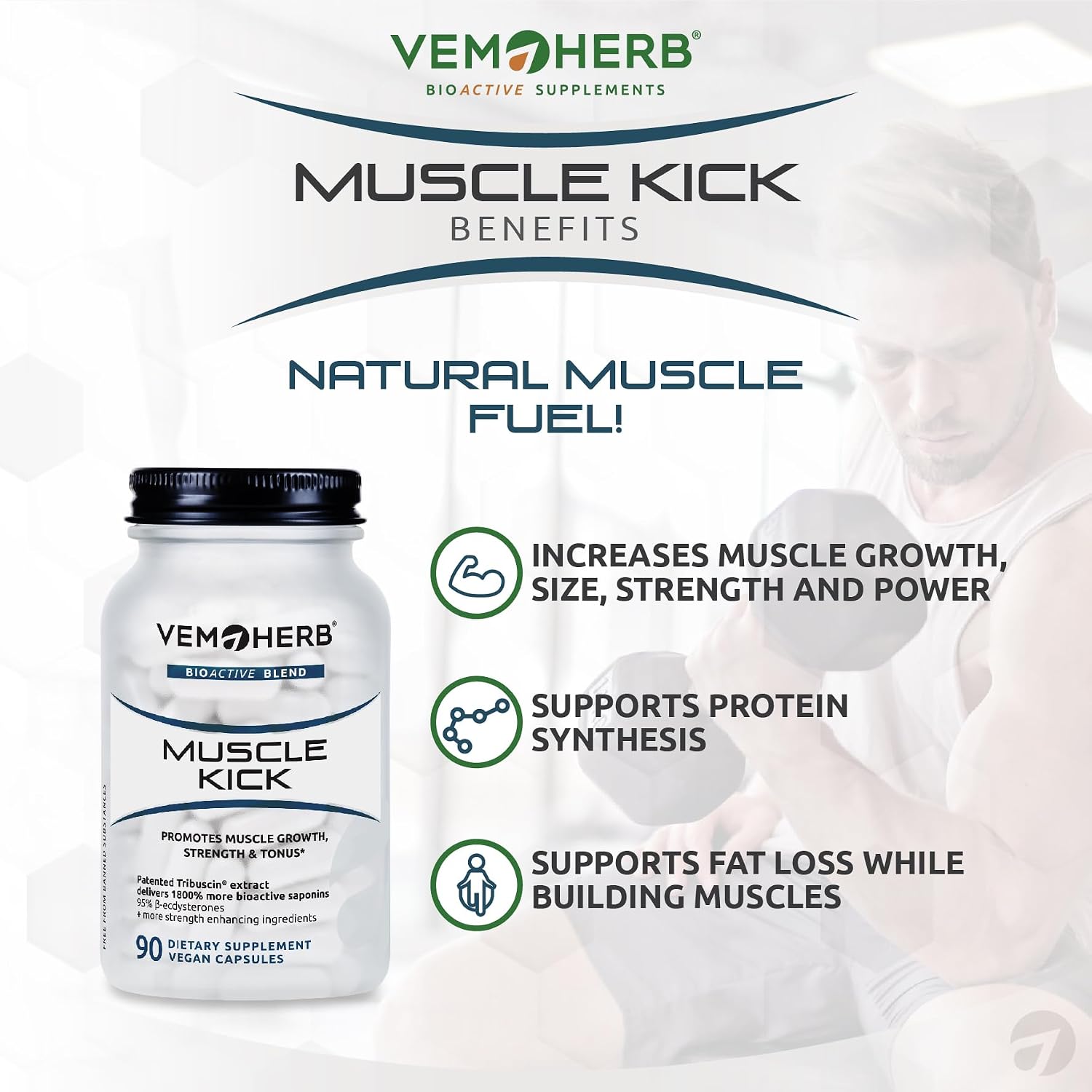 Detalle de VemoHerb Muscle Kick – Hochdosierte vegane Kapseln für Muskelaufbau und Kraft