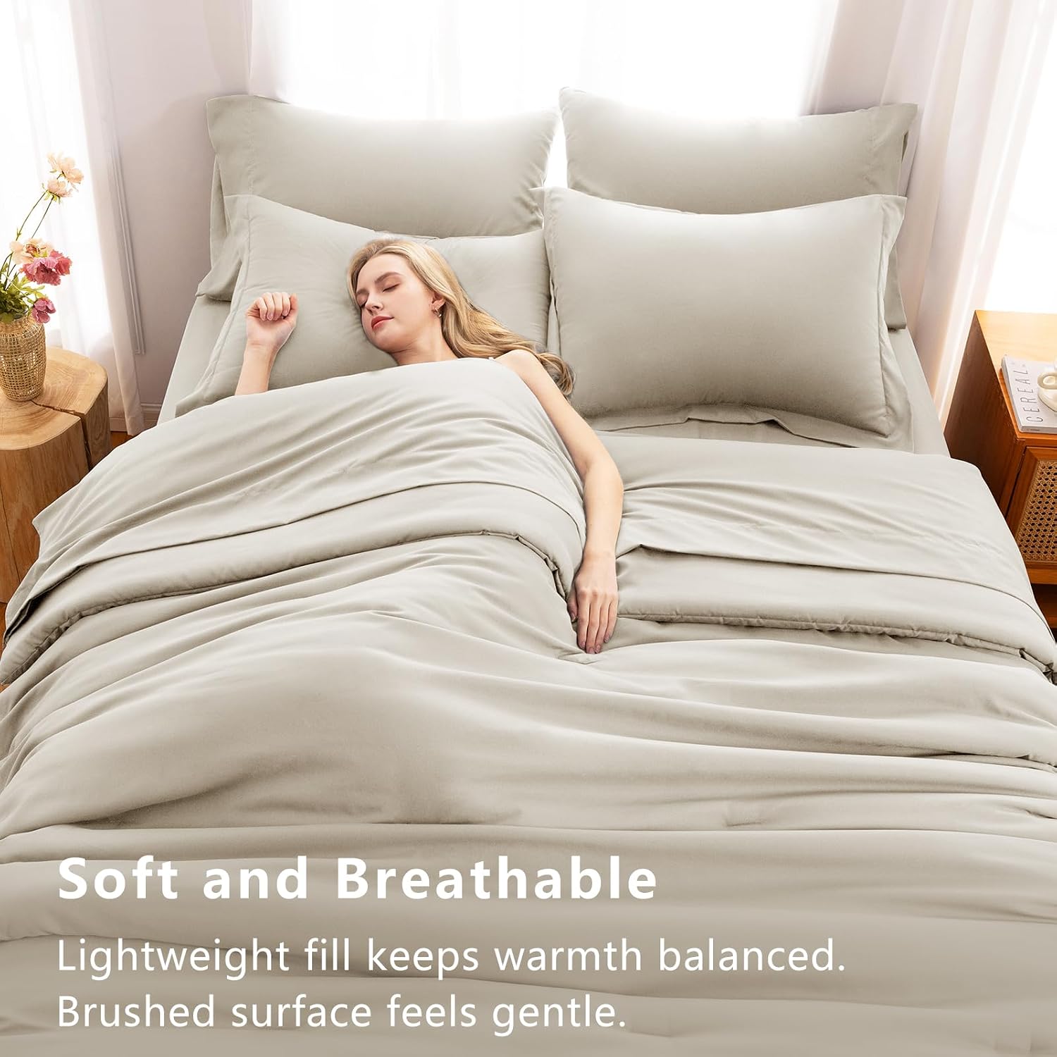 Detalle 1 de CozyLux Full Size Comforter Set Beige (7-Piece Bed in a Bag) with Down Alternative Comforter
