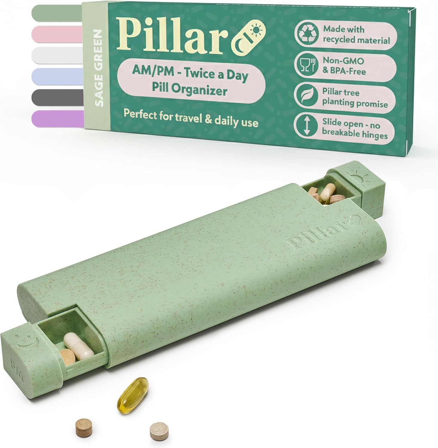 Detalle de Sequence Pillar AM/PM Pill Organiser (Sage Green) – 7 Day, 2 Times a Day Tablet Box