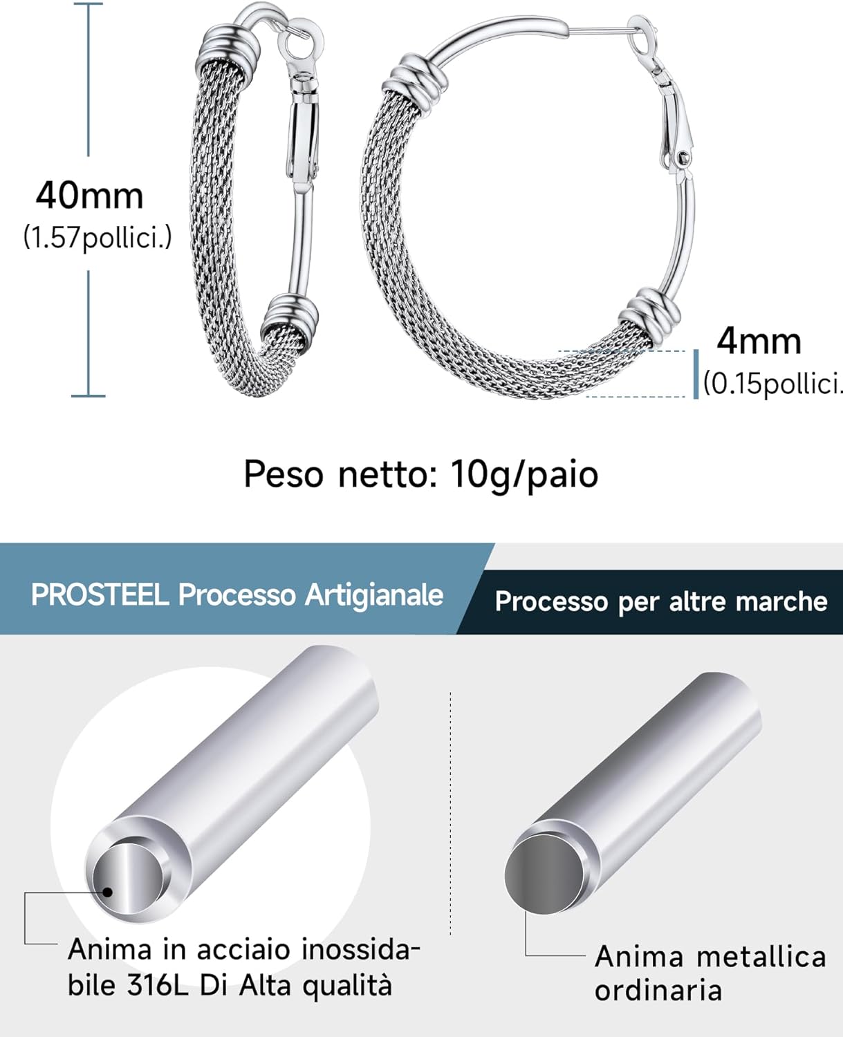 Thumbnail 2 de PROSTEEL Orecchini Cerchio a Maglia Metallica 20-80mm