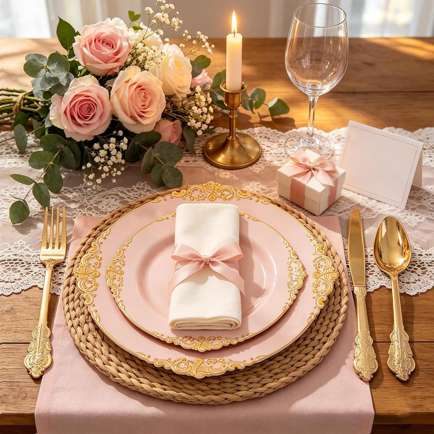 Detalle de Joyido 125PCS Pink and Gold Plastic Plates with Silverware Set for 25 Guests
