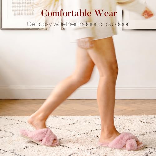 Detalle de Ankis Women's Pink Fuzzy Fluffy Slippers Size 9/10 UK Memory Foam, Cross Band Open Toe