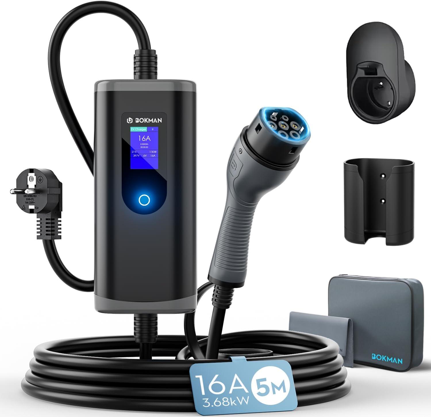 bokman Colonnina Ricarica Auto Elettrica 3,68 kW • 5 m • Corrente Regolabile 6–16A | Wallbox Type 2 con Schuko