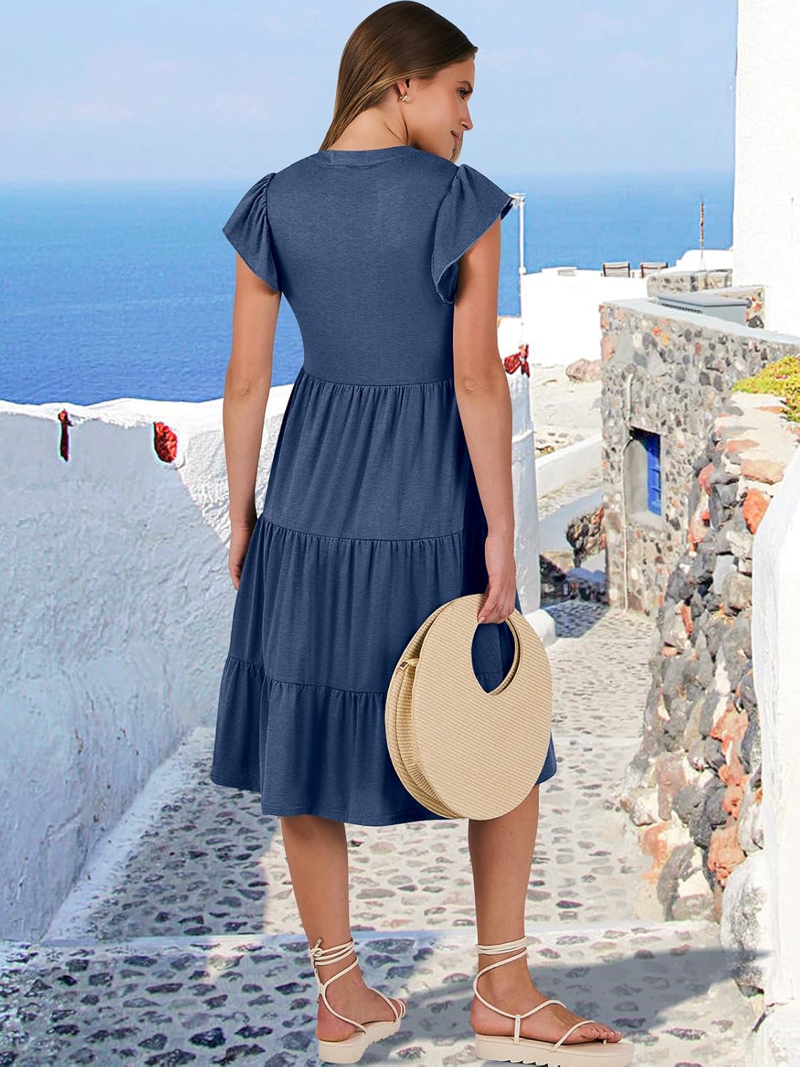 Thumbnail 5 de ANRABESS Women's Summer Dress with Ruffle Sleeves, V-Neck Midi Boho Sundress