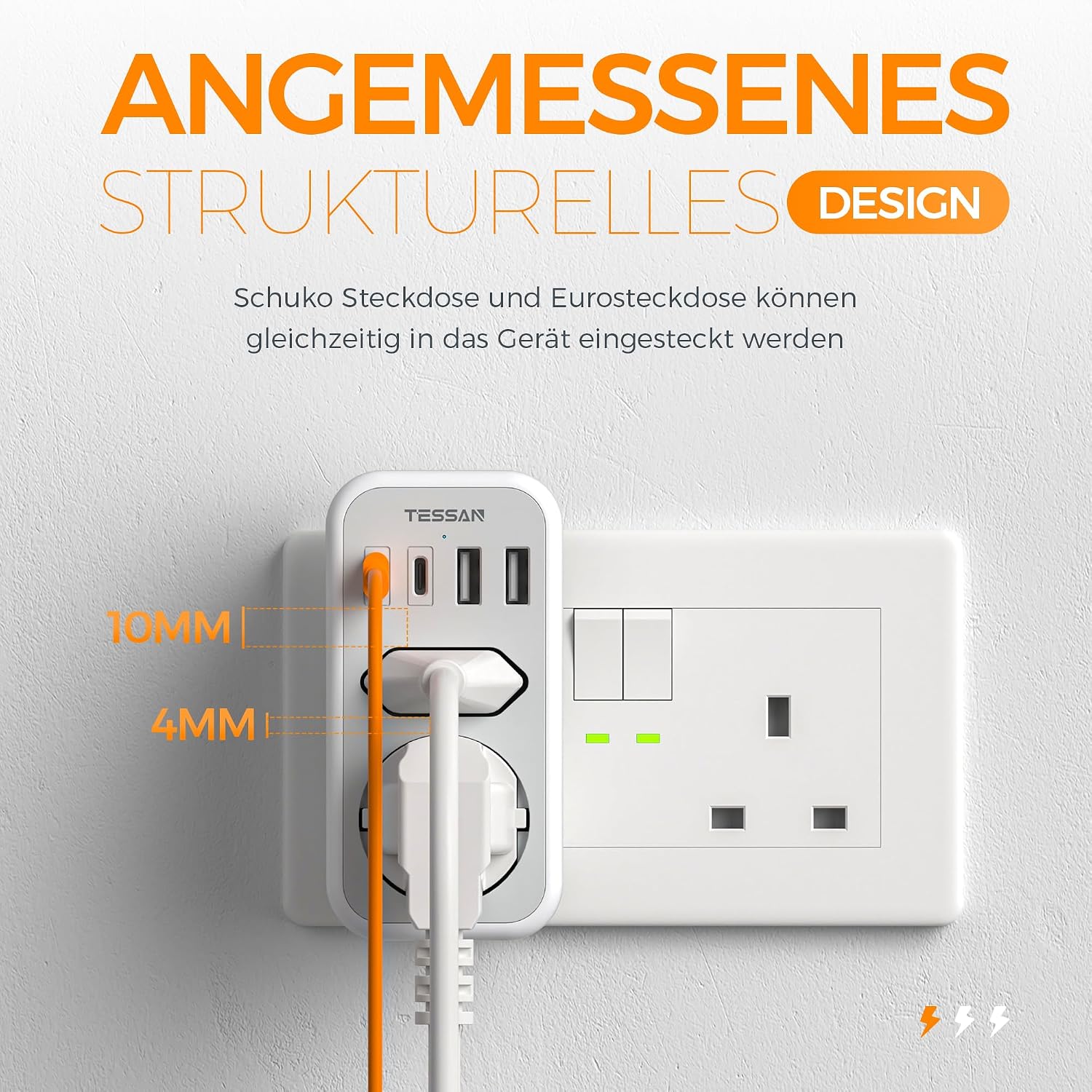 Detalle 2 de TESSAN 6-in-1 Reiseadapter England/Deutschland (Typ G) mit 2× USB-C und 2× USB-A