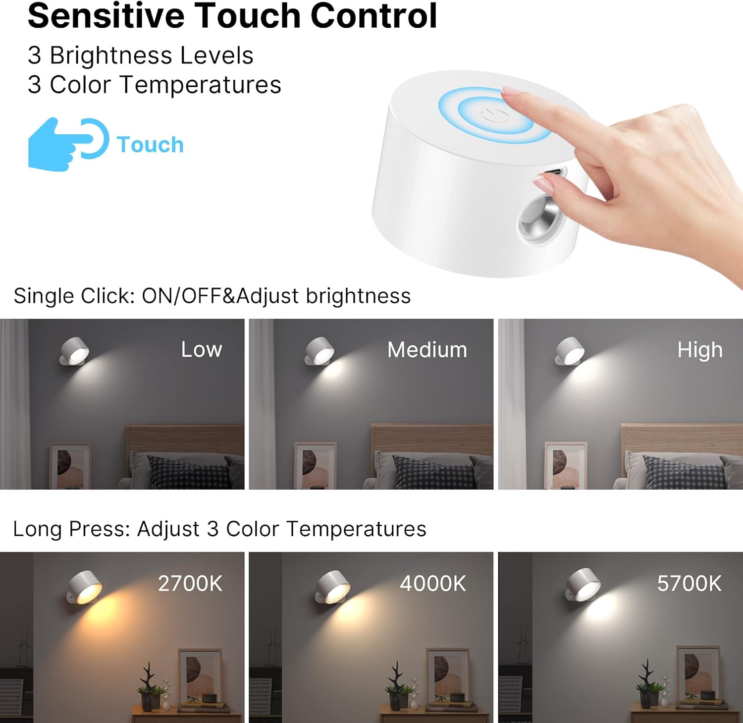 Detalle de Mexllex Lámpara de Pared LED 2 uds con giro 360° y carga USB (3 modos de color, 3 niveles de brillo)