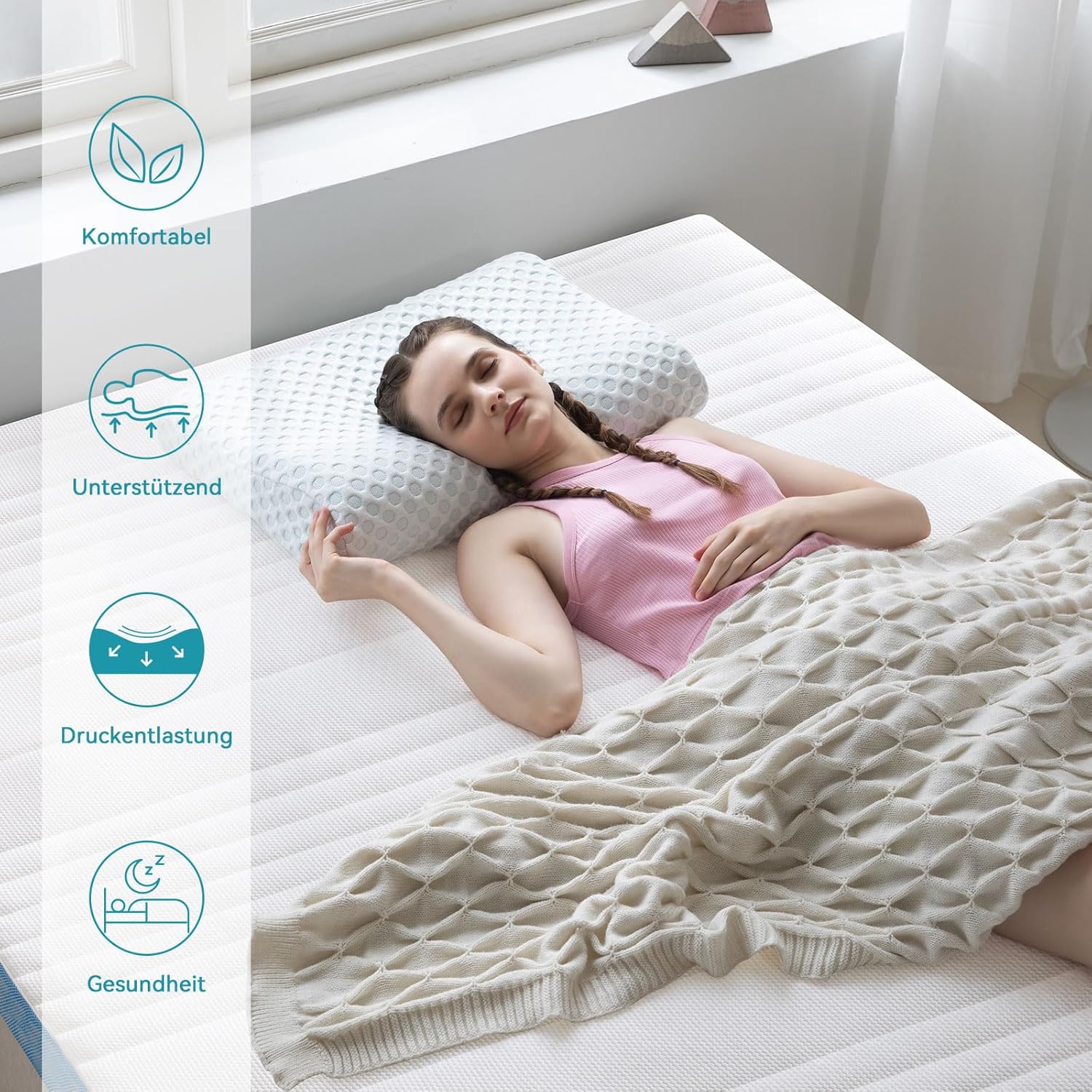 Detalle 2 de Amazon Basics Memoryschaum-Matratzentopper 160 x 200 cm, 5 cm Höhe – mit Bandbefestigung