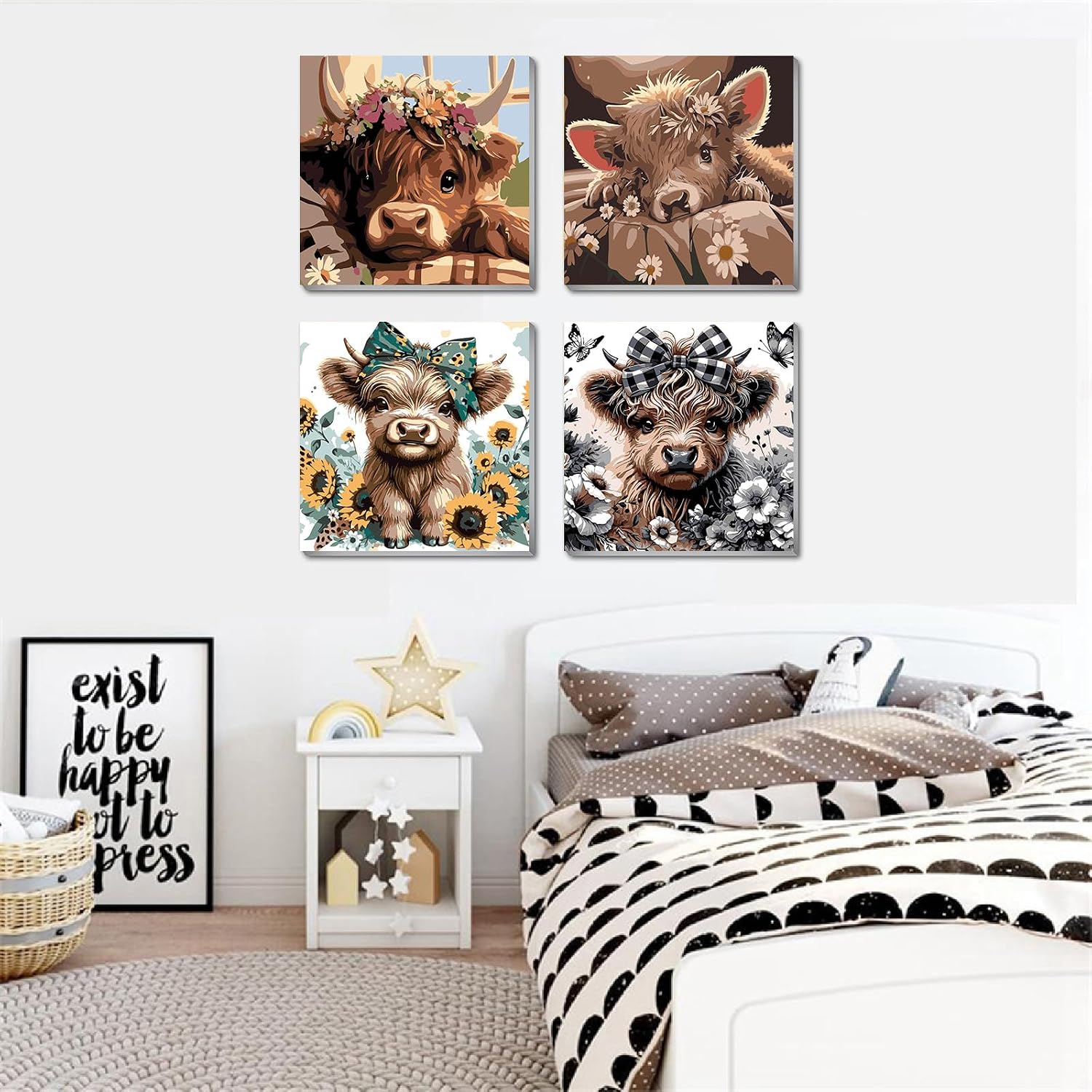 Detalle 2 de mrpwnle Highland Cow Paint-by-Number Kit, 4 Framed Canvases with Acrylic Paints