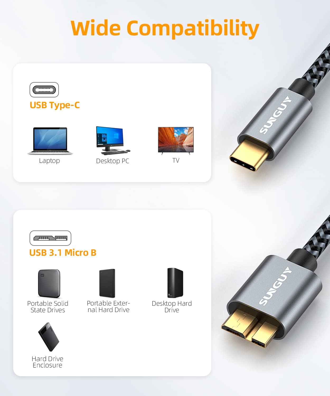 Thumbnail 2 de SUNGUY Câble USB‑C vers Micro B 0,3 m – USB 3.1, câblage robuste pour HDD externes