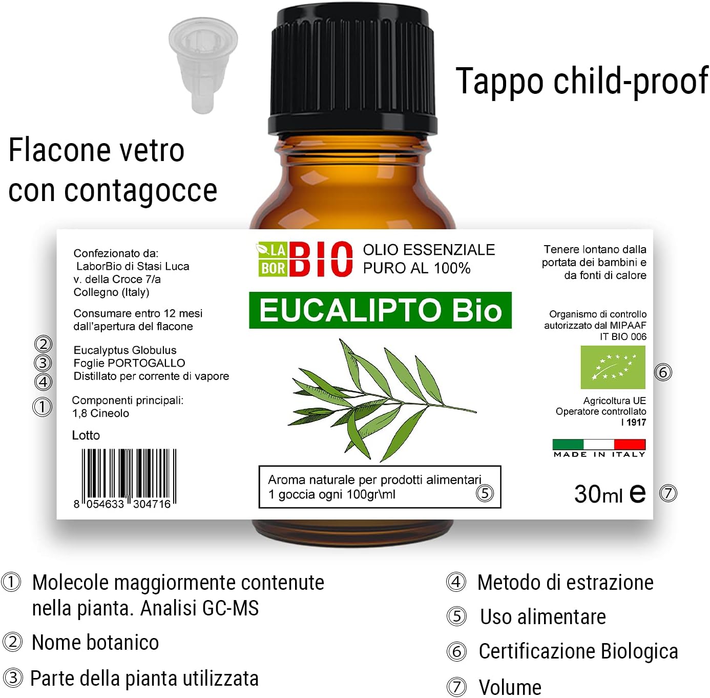 Detalle 1 de Olio essenziale di Eucalipto Bio 100% Puro 30 ml – uso interno, diffusione e cosmetica | Laborbio