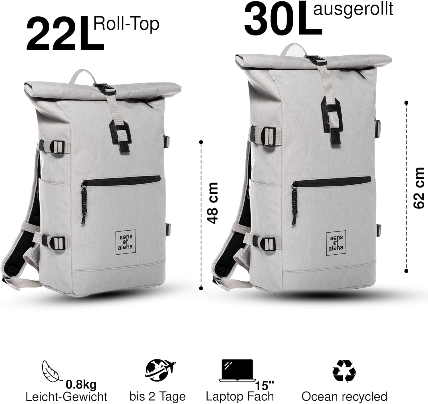 Thumbnail 1 de SONS OF ALOHA KANE Roll-Top Kurierrucksack XL – recyceltes PET, wasserabweisend, Laptopfach 15 Zoll