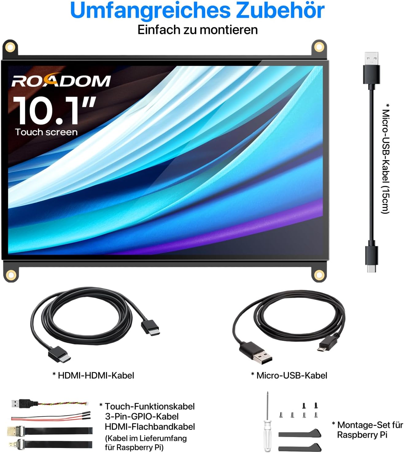 Detalle 2 de ROADOM Raspberry Pi Bildschirm 10,1" Touchscreen (IPS, HDMI, FHD) – treiberfrei für Pi 5/4/3/Zero