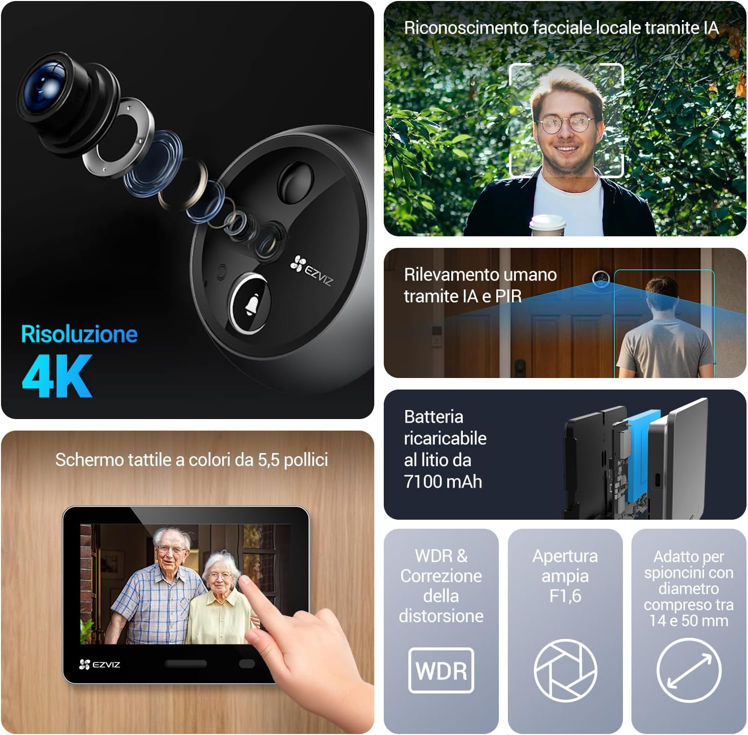 Detalle 2 de EZVIZ EP4 Spioncino Digitale WiFi 4K con Schermo Touch da 5,5" – Batteria 7100 mAh, AI, Audio Bidirezionale