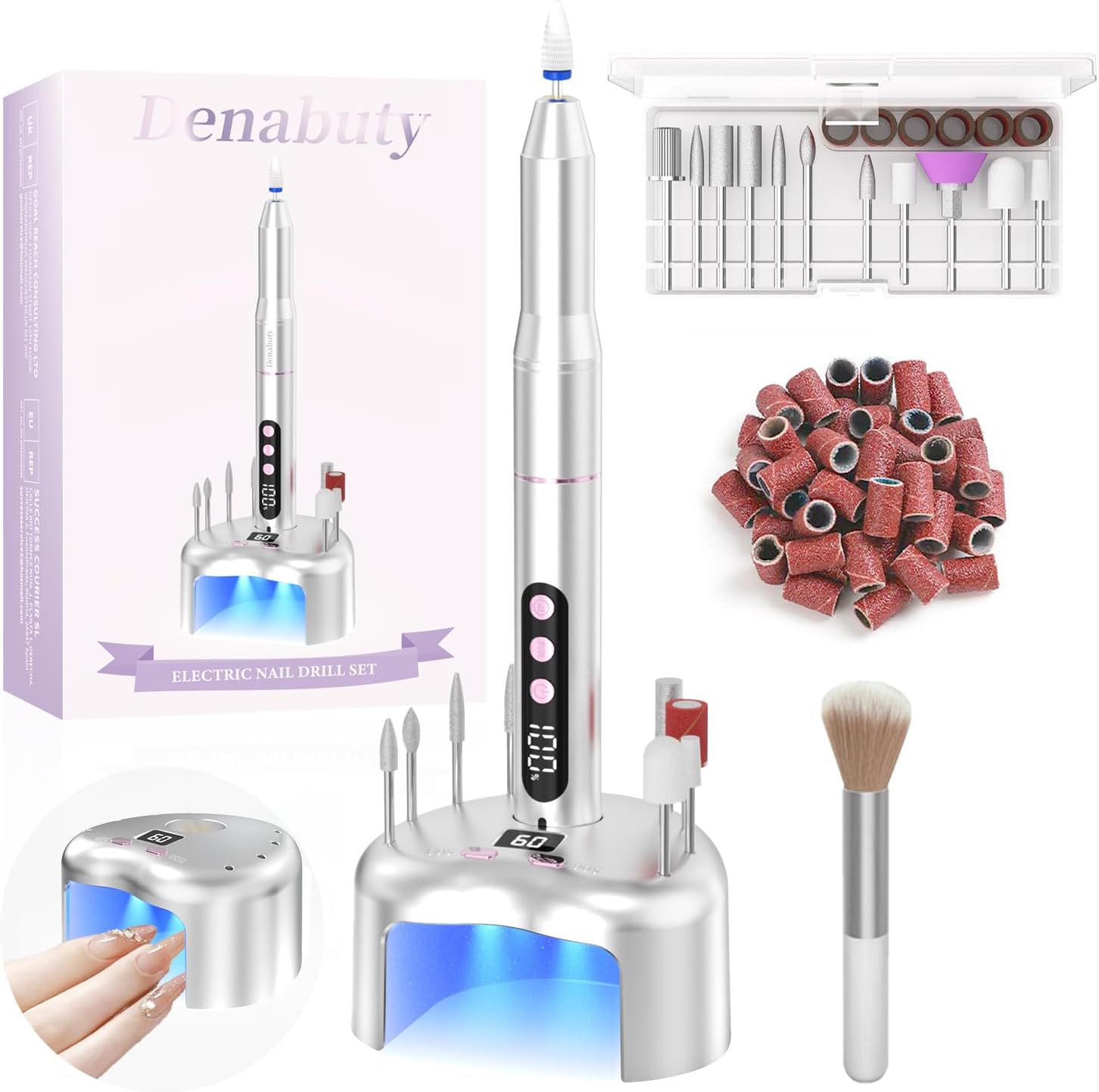 Detalle de Denabuty Fraise à ongles DN-2602S 13 en 1 – Lime électrique sans fil avec lampe UV/LED et station de charge