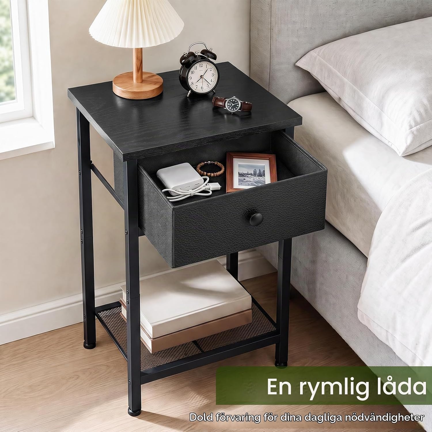 Detalle de AMHANCIBLE EHET03SDBK nattduksbord, set om två med tyglåda och hylla