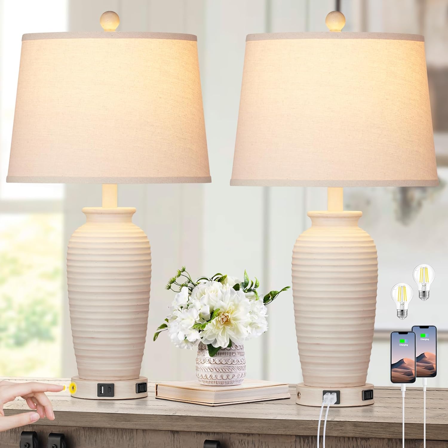 Detalle de CINSARY TD-CS-225-1 25" Farmhouse Jar Table Lamps, Set of 2 with Touch Control
