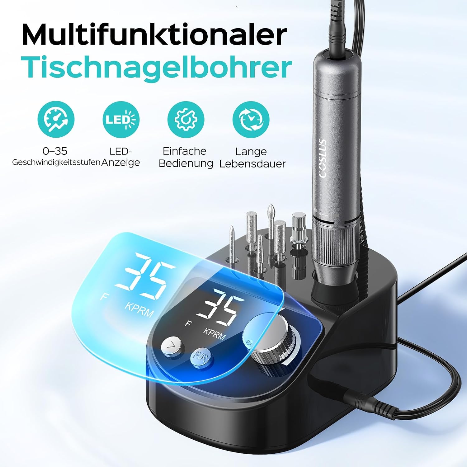 Detalle 2 de COSLUS E50 Nagelfräser Professionell Set – 35.000 U/min, LCD-Anzeige, 6 Bits, 31 Schleifbänder