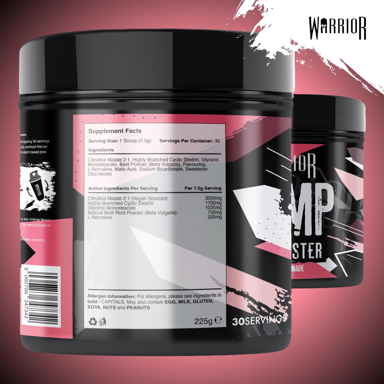 Thumbnail 1 de Warrior Pump Pre-Workout Pulver 225 g (Rosa Limonade) – koffeinfrei & ohne Stimulanzien