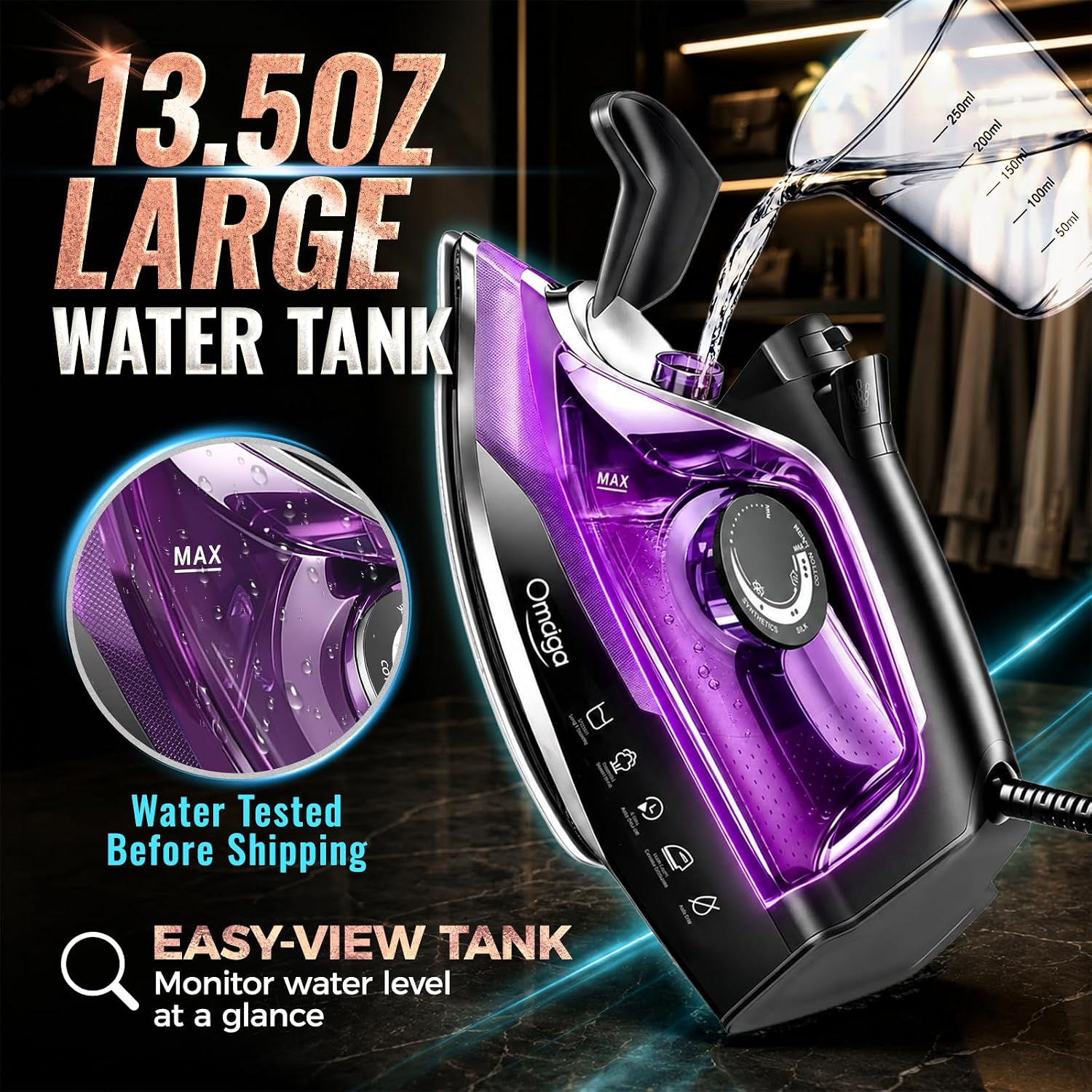 Detalle de OMAIGA 1750W Steam Iron with Dual-Ceramic Soleplate, Steam Burst and 13.5 fl oz Tank
