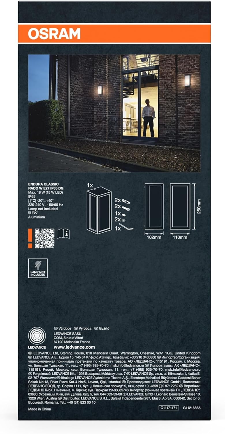 Detalle de OSRAM Lampada da esterno ENDURA CLASSIC RADO: lampada da parete E27 in alluminio, grado IP65