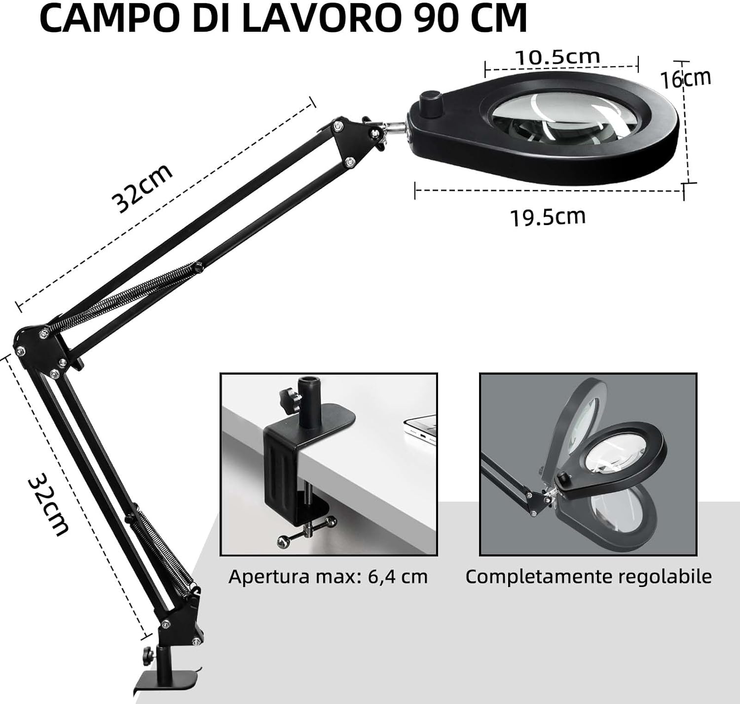 Thumbnail 5 de Beyamz lampada d’ingrandimento con lente 5 diottrie, morsetto acciaio da 6,4 cm e LED dimmerabili (braccio girevole 90 cm)