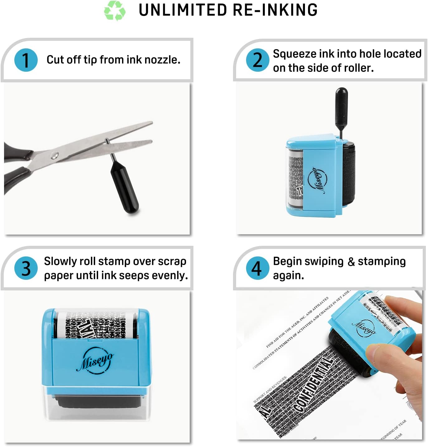 Detalle 2 de Miseyo Identity Theft Protection Roller Stamp Set - Blue (6 Refills Included)