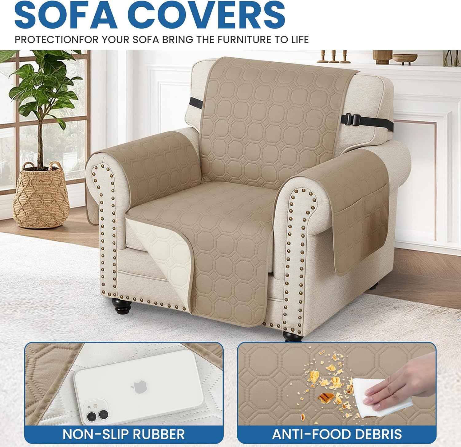 Thumbnail 5 de Ystyle Housse de canapé imperméable 2 places avec accoudoirs, kaki – protection antidérapante et poches latérales