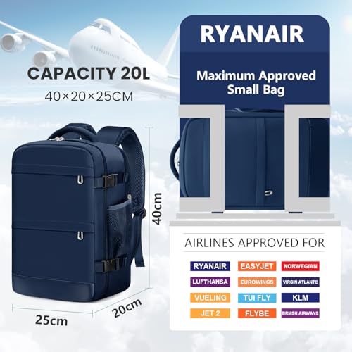 Detalle de KIRFEIHT Mochila de cabina para avión (40x20x25) para Ryanair y portátil de 14 pulgadas, azul