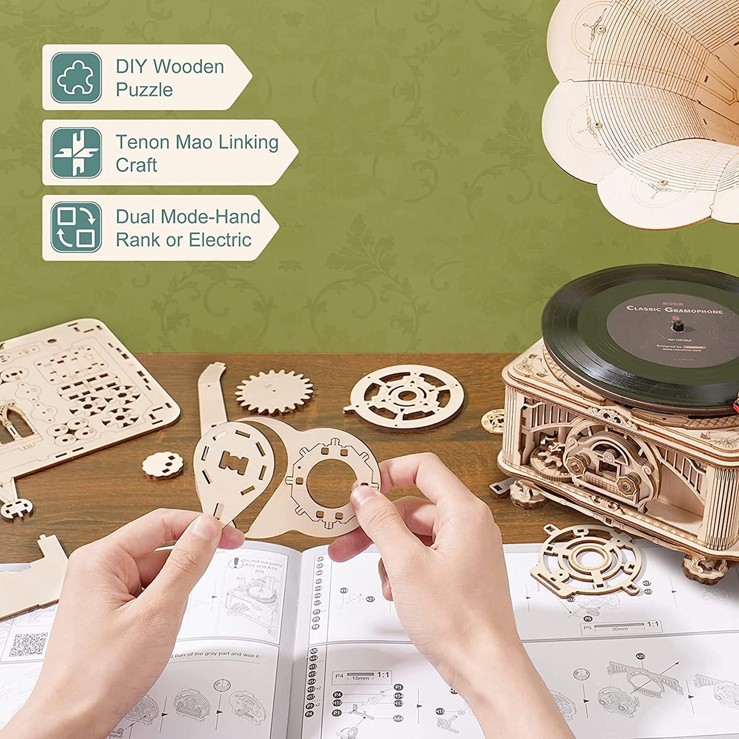 Detalle de ROKR Puzzle 3D in legno LKB01D – grammofono classico da costruire con modalità automatica e manuale