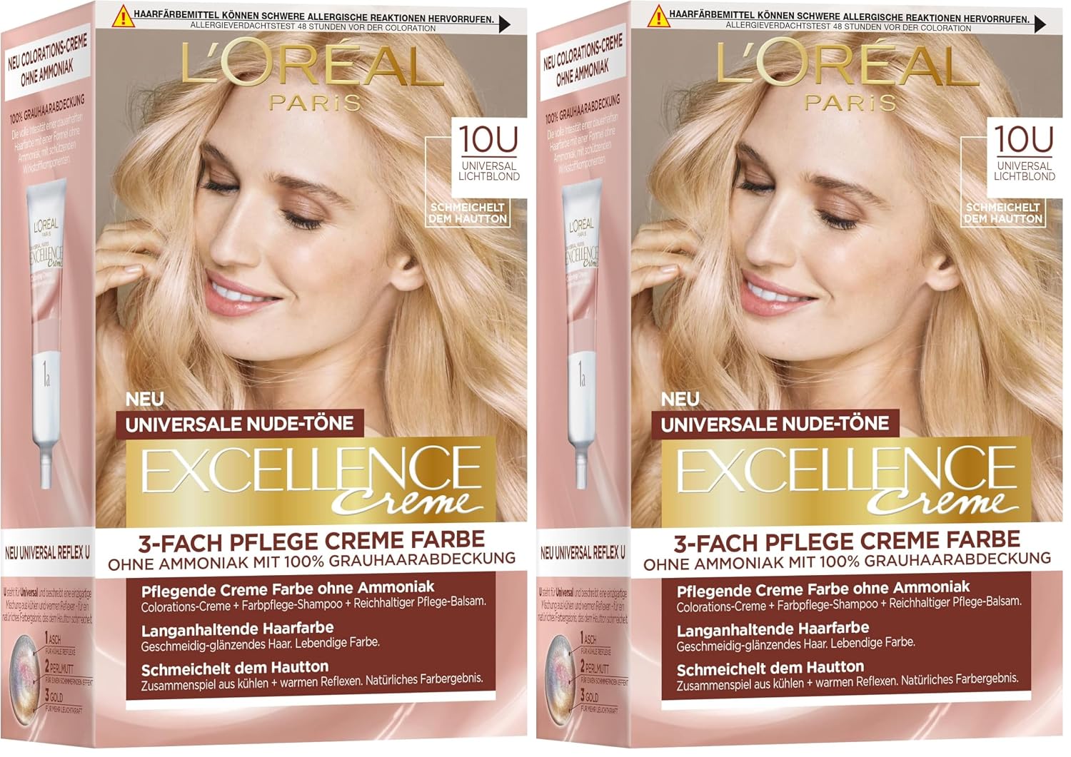 Detalle 2 de L'Oréal Paris Excellence Creme Permanente Haarfarbe „Universal Nudes“ Nr. 8U Hellblond, ammoniakfrei – 1 Packung