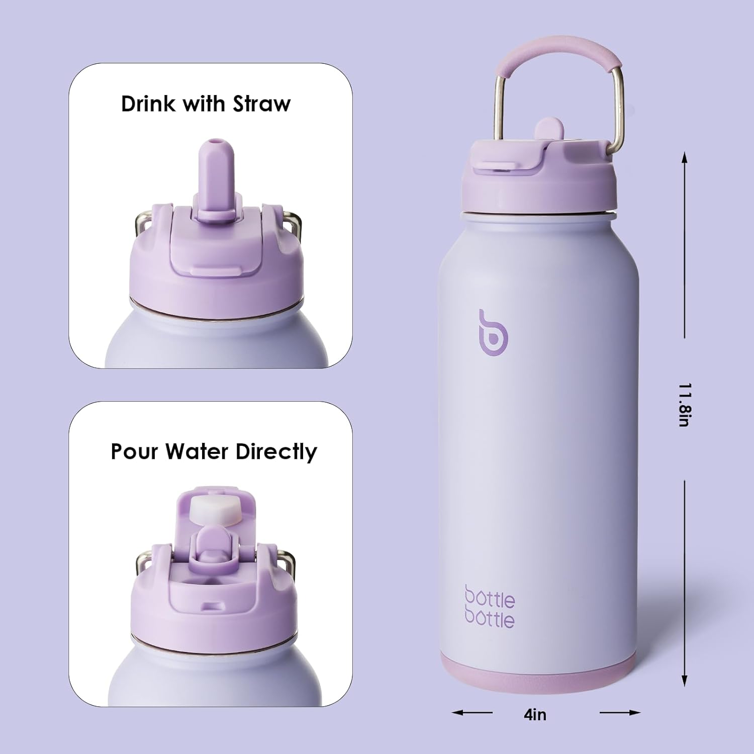 Thumbnail 3 de BOTTLE BOTTLE Edelstahl-Trinkflasche 1 l mit Strohhalm und Pillenfach (doppelwandig, BPA-frei) – Hellviolett