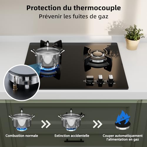 Detalle de Wehimo - Placa de cocina de gas de 3 fuegos empotrable, 60 cm, cristal negro