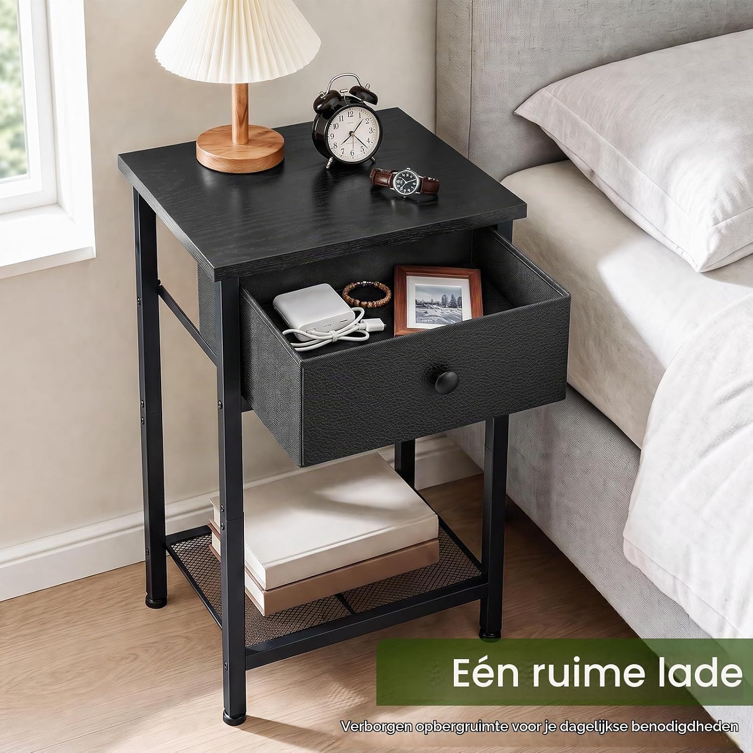 Detalle de AMHANCIBLE HET03SDBK nachtkastjes set van 2 met stoffen lade en opbergplank