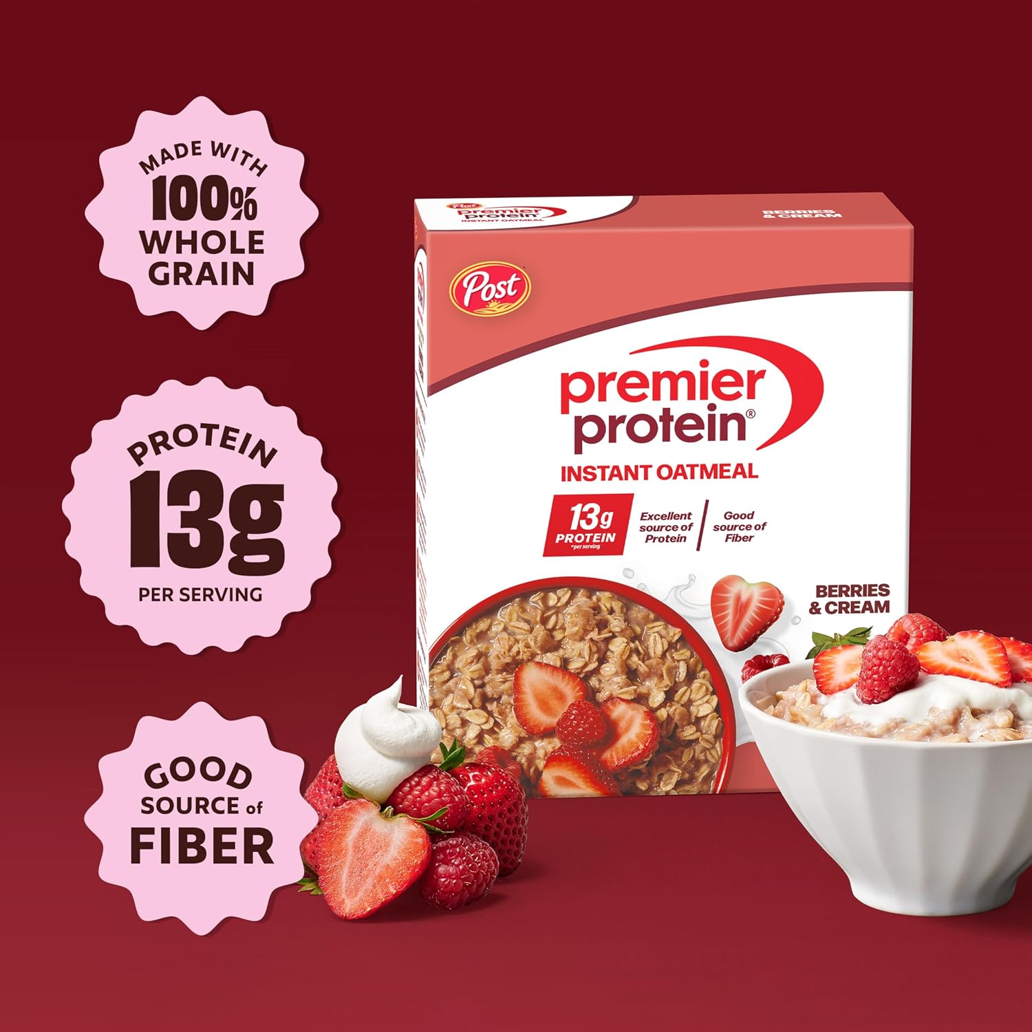 Detalle de Premier Protein 49120 Berries & Creme Protein Oatmeal, 13g Protein, 6-Pack