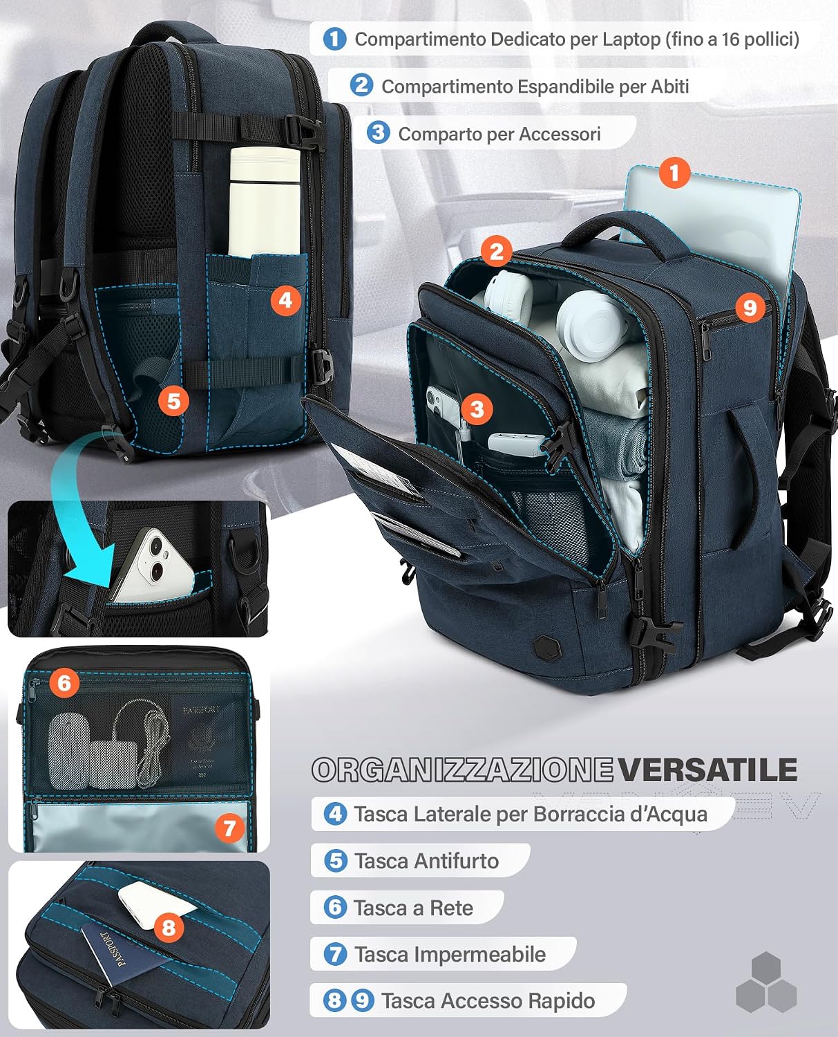 Thumbnail 2 de VANKEV Zaino da Viaggio Aereo 24–30 L, estensibile 40x30x20→40x30x25 cm, laptop 15,6", blue scuro