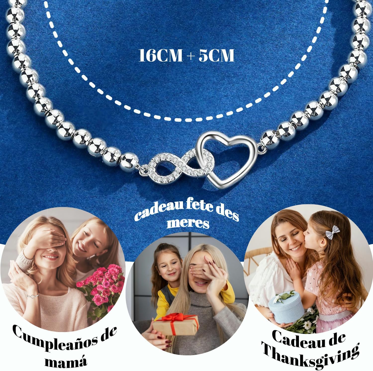 Detalle de Bracelet femme Jbniuay argent 925 Infinity cœur « Mama » ajustable