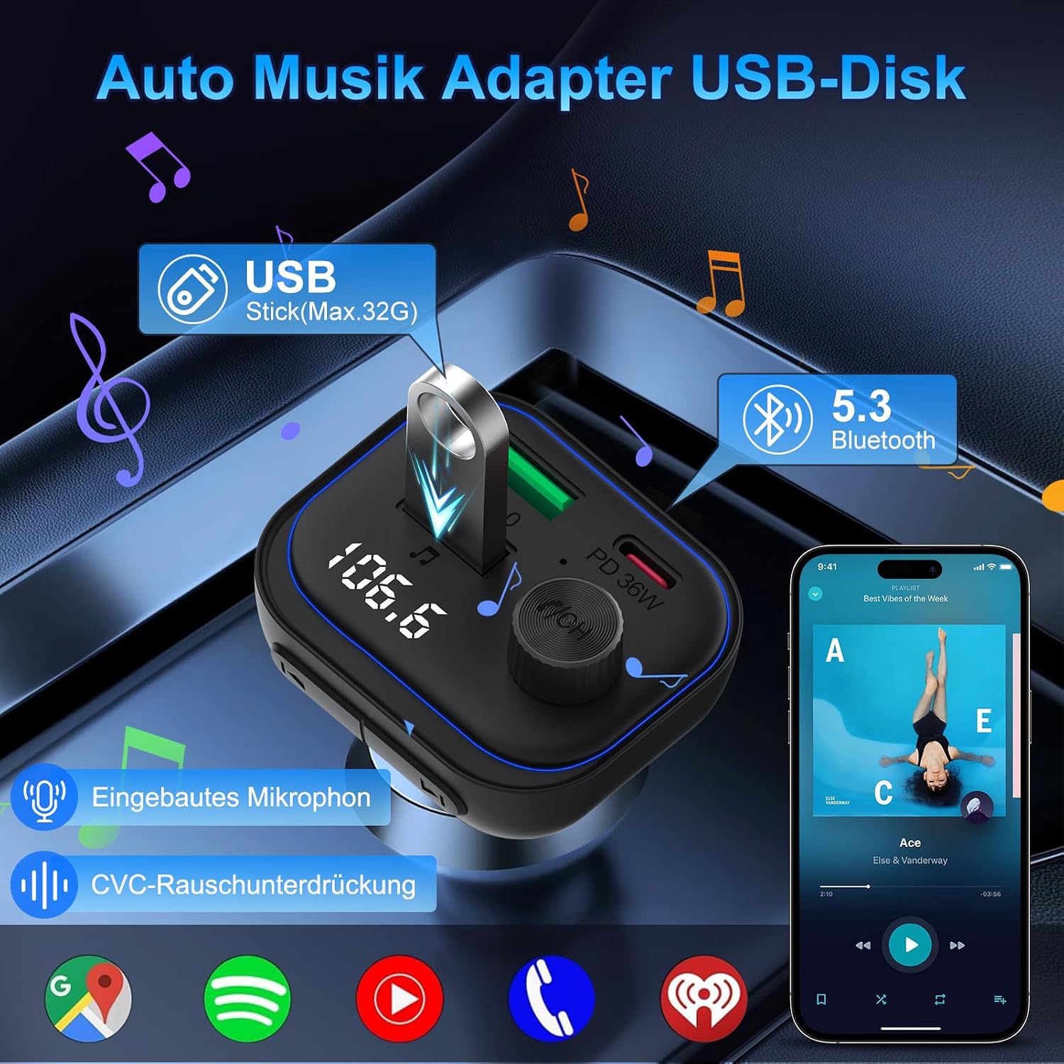 Detalle 1 de Bluetooth Adapter Auto FM Transmitter PD 36W QC3.0 18W Schnelles Autoladegerät KFZ Bluetooth 5.3 HiFi Sound Musik-Player Radio Zigarettenanzünder USB C Freisprechanlage Unterstützt BT U-Disc
Bluetooth Adapter Auto FM Transmitter PD 36W QC3.…