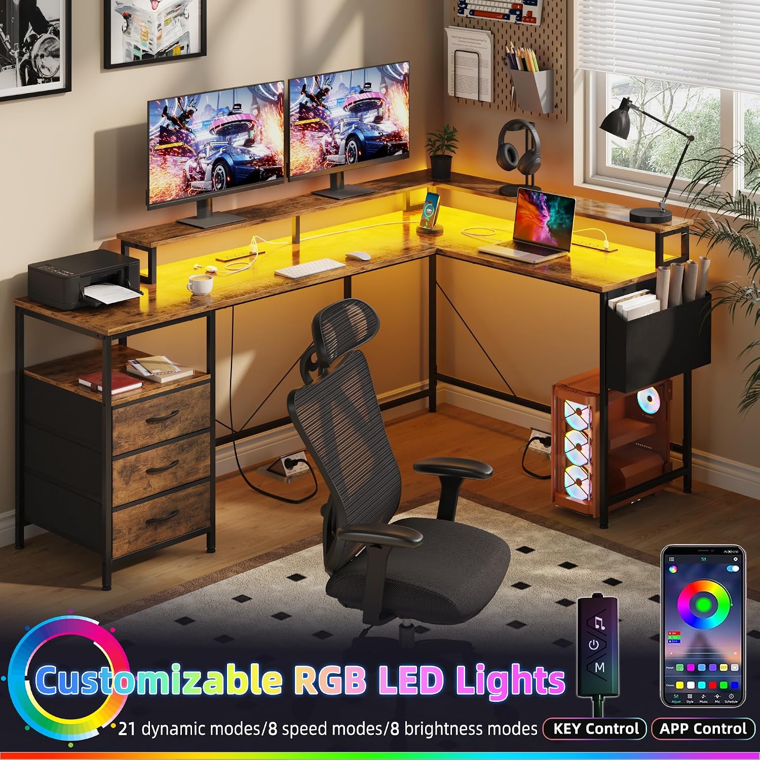 Detalle de GYIIYUO L-Shaped Desk, 66+43.3-Inch, LED, Drawers and Monitor Stands