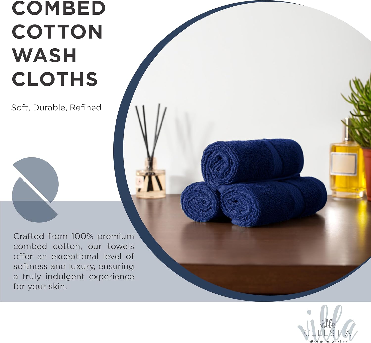 Detalle 2 de Villa Celestia Cotton Washcloths Set of 6 – 12x12, 100% Ring-Spun Cotton, Navy
