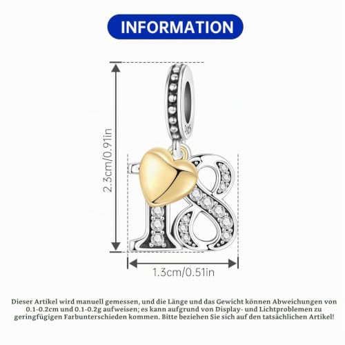 Detalle 2 de PANPOKI Zahl Charm für Armband & Halskette – Sterling Silber 925 mit Zirkon & 18K vergoldetem Herz