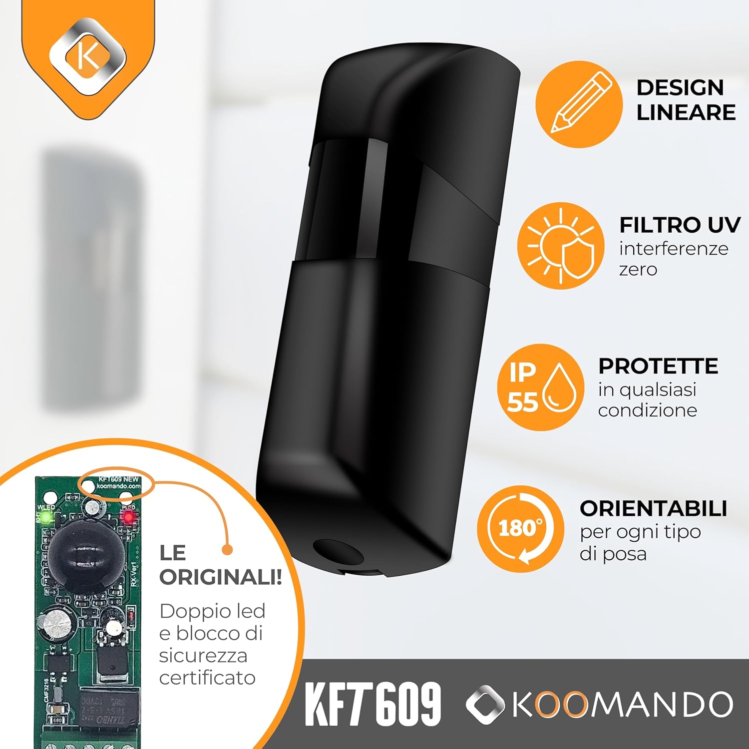 Thumbnail 1 de Fotocellule universali KFT609 di koomando per cancello/garage – 12V/24V AC/DC, rotazione 180°, doppi LED, blocco di sicurezza, IP55