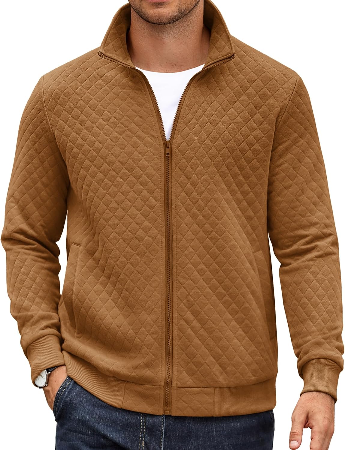 Detalle de COOFANDY Zip Up Quilted Mock Neck Jacket